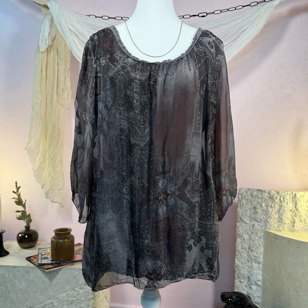 Brand M Made in Italy Silk Blend Sheer Crochet Back Tunic Top – Size Small